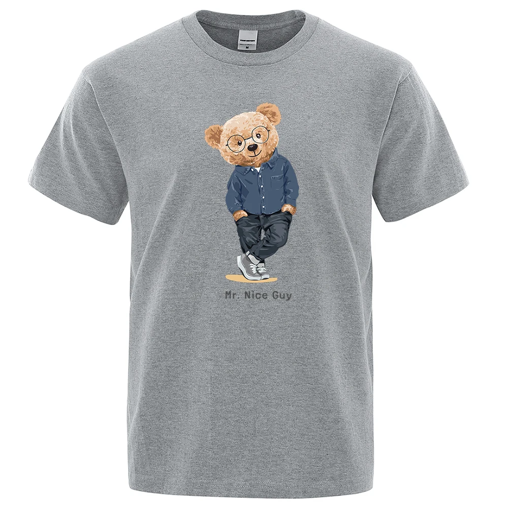 Gentleman Mr. Teddy Bear Nice Guy imprime hommes manches courtes rue coton T-Shirts ample surdimensionné vêtements décontracté_voghion.com