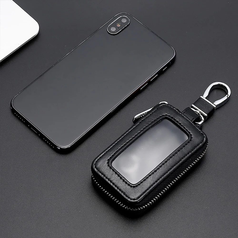 Leather Car Key Holder with Mirror Window - Retro Keyring Wallet and Zipper Pouch