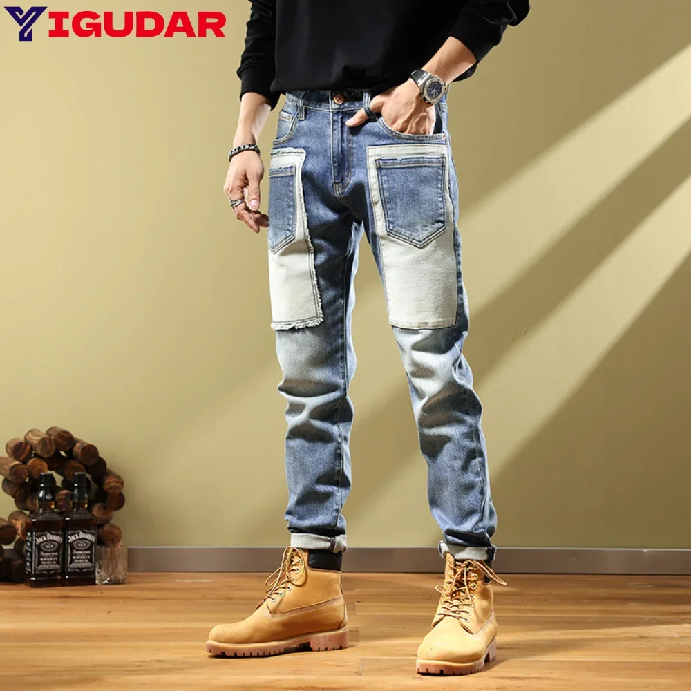 2024 Patch Distressed Denim Custom Casual Denim Pants Multi-pocket Cargo Skinny Pants Men Trouser Splicing Jeans