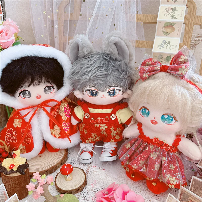 Doll Clothes for 20cm Plush Cotton Doll Cartoon New Year Happy Red Suit DIY Clothes Accessory for Girls Kids Fans New Year Gifts