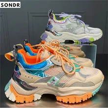  Net sports shoes female 2022 summer new hollow out breathable dad shoes Korean color thick sole height INS tide shoes 