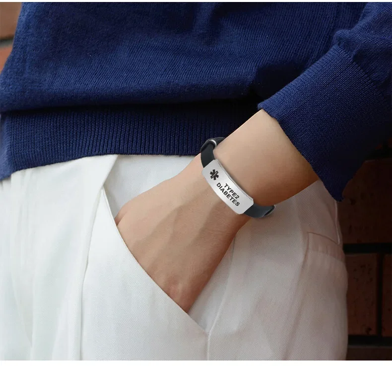 Type1 Diabetes Silicone Bracelet Medical Alert ID Bangle for Men Woman Child Adjustable Length Wrist SOS Jewelry