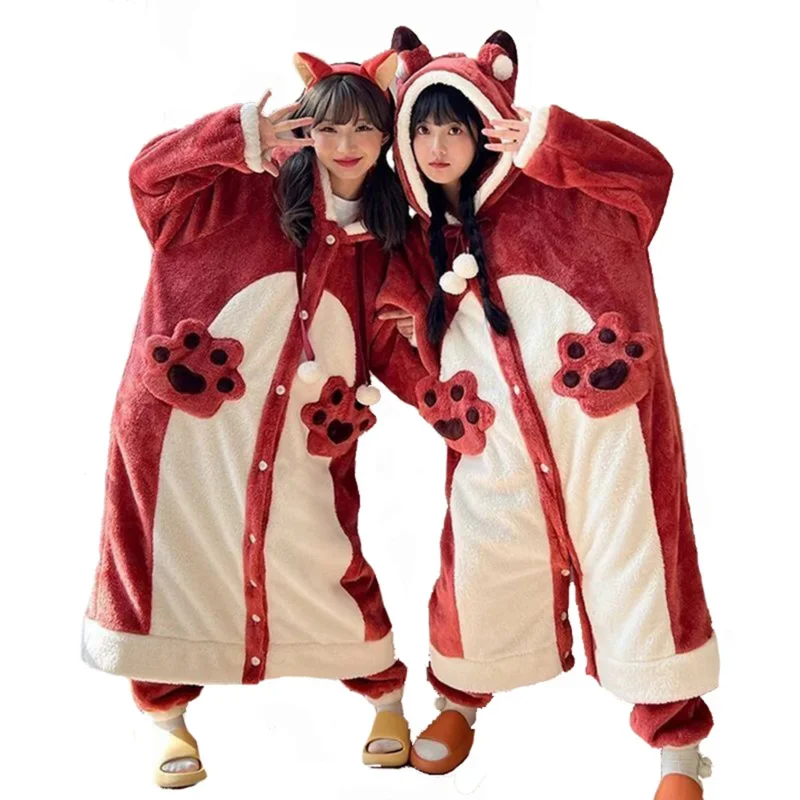 

Plush Fleece Nightgown For Women Girl Winter Warm Casual Hooded Nightdress Homewear Cute Anime Fox Cosplay Suit Flannel Pajamas