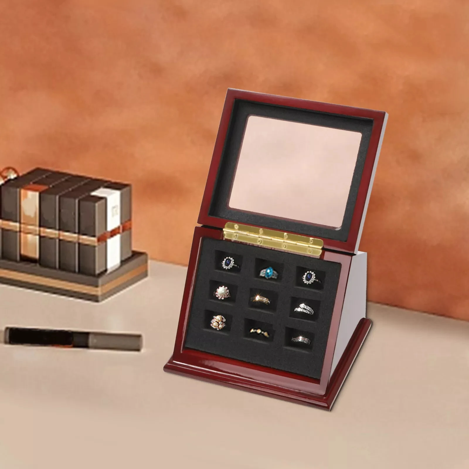 Wooden 9-Hole Ring Display Case, Championship Collection Organizer Box