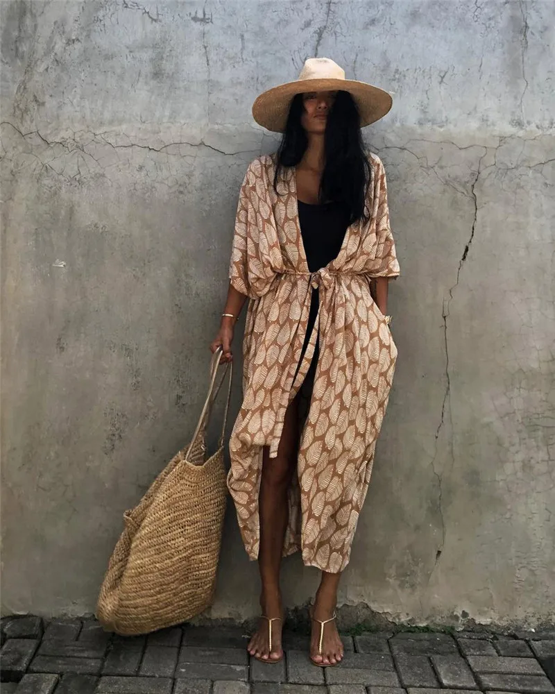 Women Plus Size Long Cover up Bikini Coverups Kimono Tie Front Bathing Suit Swimsuit Beachwear 4