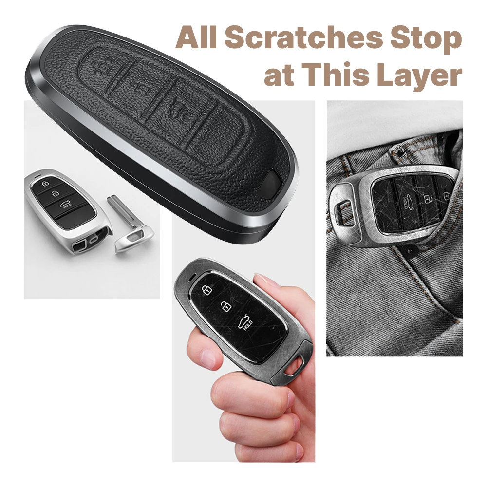 Aluminum Alloy Leather Car Smart Remote Key Case Fob Covers Set Shell Keychain For Hyundai Tucson Solaris Sonata Hybrid NEXO NX4