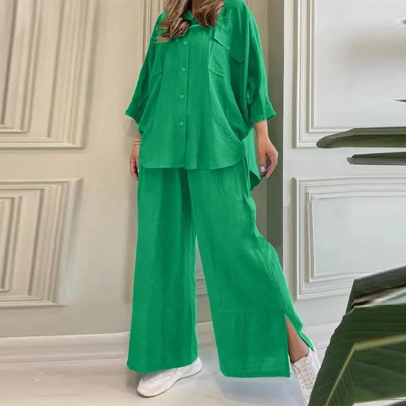 Casual Cotton Linen Green Sets Women Fashion Lapel Button Shirt And Long Pant Outfits Long Sleeve Loose Two Piece Suits Women's