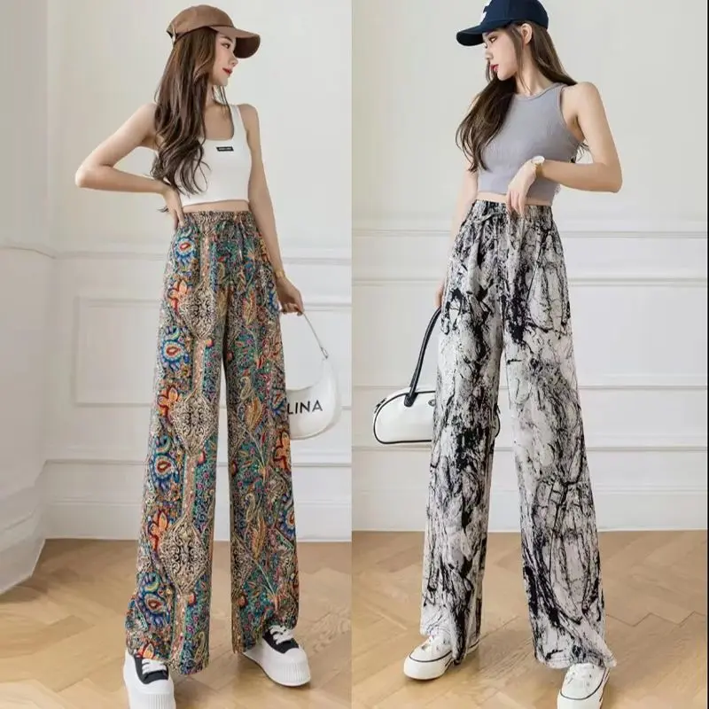 2023 New Ice Silk Wide Leg Pants Women's Summer Thin Ice Feel Straight Tube Pants Ink Painting Drop Feel Loose Cool Pants