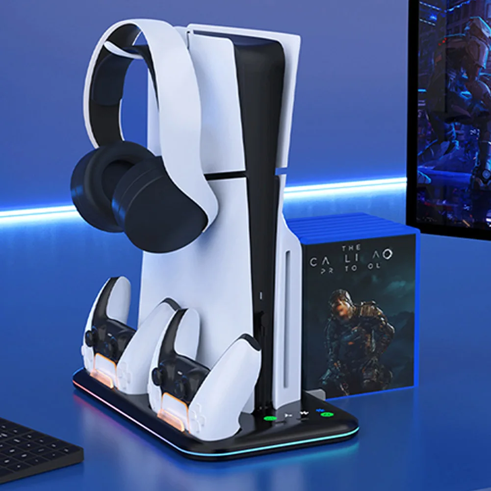 For PS5 Slim Console Cooling Stand Controller Charging Dock with Headset Hook USB HUB for Playstation 5 SlimDisc&Digital Edition