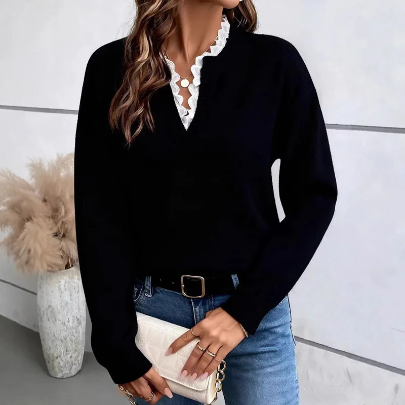 Women Autumn Lace Knitted Sweater Long Sleeve Pullover