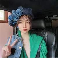 Y2K Korean Designer Vintage Elegance Denim Blue Camellia Beret Hats For Women Spring Summer Femininity Niche Casual Painter Caps 3