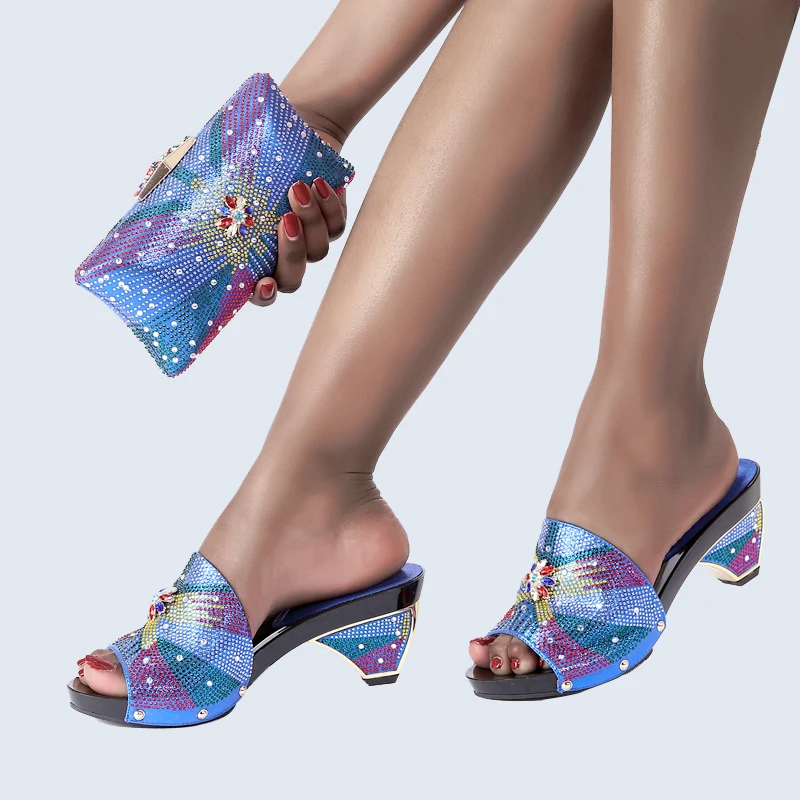 

Italian Shoe and Bag Set Designer Sandals Luxury Ladies High Heel Slippers and Bags Set Rhinestone Leather For Decorate Slippers