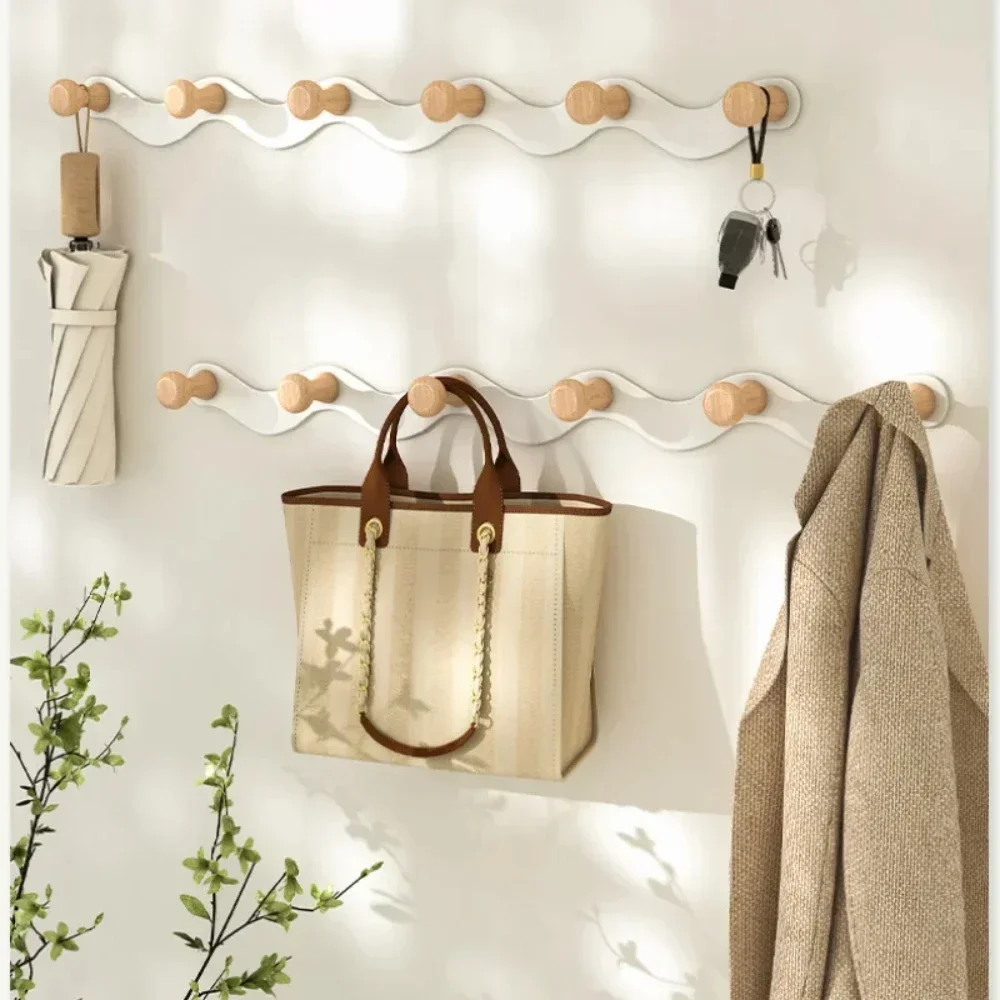 Coat Hanger Wall Mount Creative Wave Iron Hooks Row No Punch Wooden Hanger Functional Wall Hook Rack Porch Bathroom Coat Hook 2