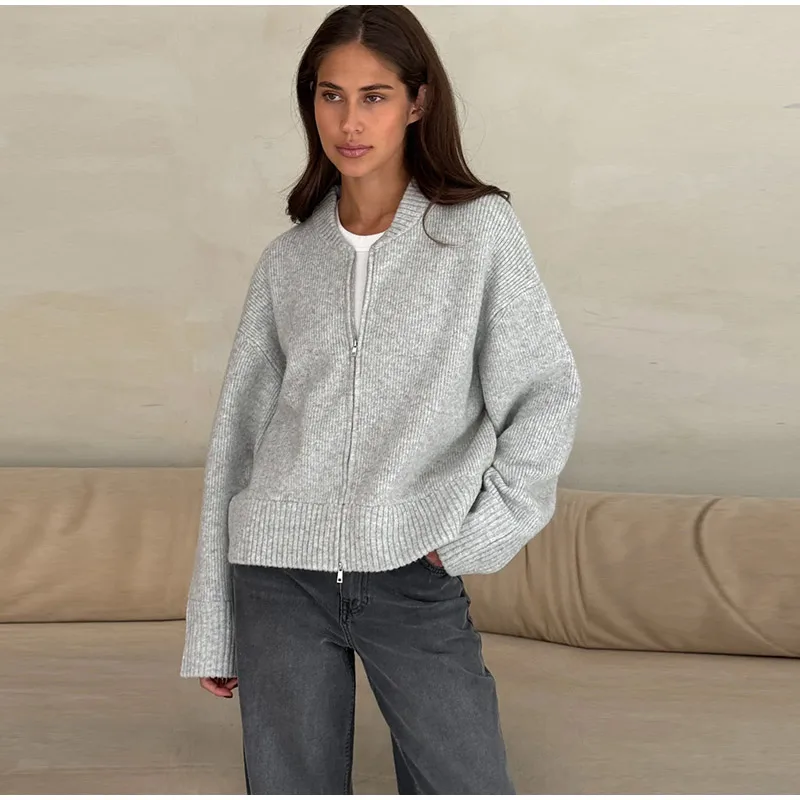 Vintage Knit Zipper Cardigan For Women Solid Loose O Neck Long Sleeve Sweater Top Female Fall Winter All-matching Knitwear