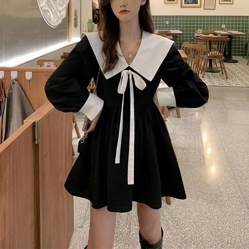 Fransız Tarzı Bebek Yaka Elbiseler Kadın Giyim Moda İpli Yay Bahar Sonbahar Eklenmiş Zarif A-Line Bel Mini Elbise