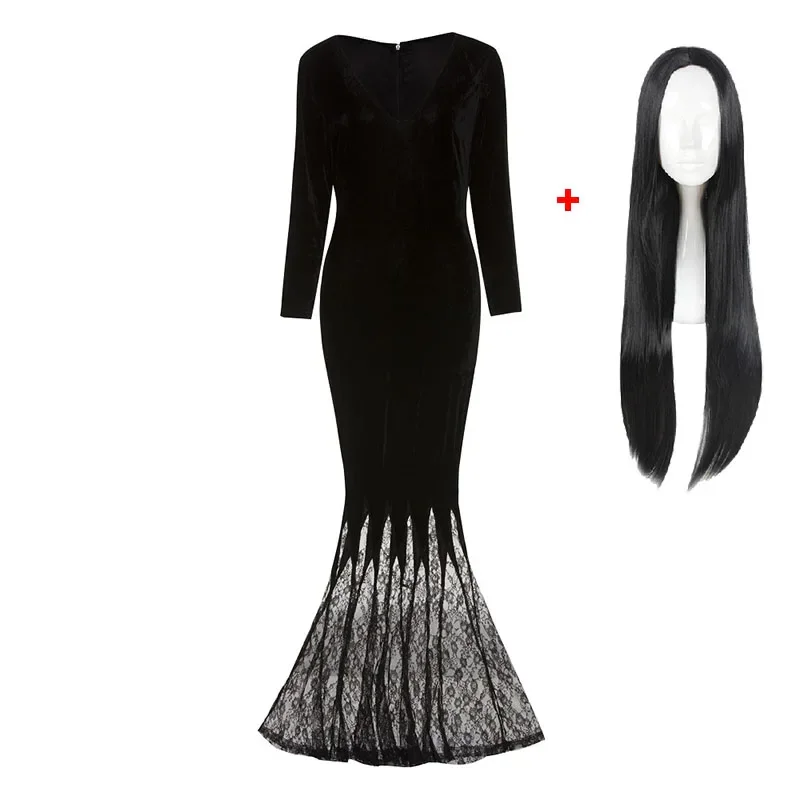 Robe Gothique Morticia Addams - Avec Corset Et Collier | Velours Noir | Halloween & Cosplay