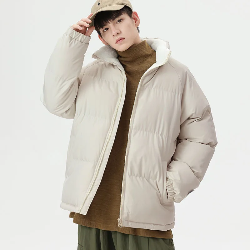 Winter Men's Plush Cotton Jacket Warm Down Cotton Jacket Solid Color Standing Collar Casual Slimming Lightweight Coat