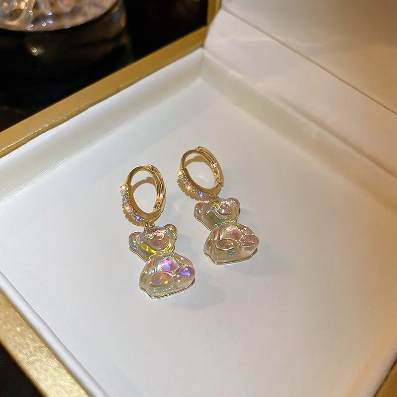 Cute Bear Earrings For Women Shiny Zircon Earrings 2023 New Trendy Golden Copper Drop Earring Party Wedding Jewelry Girls Gifts