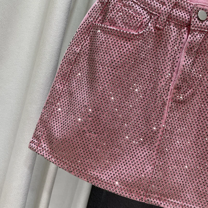 Personality Diamond Splice A-line Denim Skirt for Women's Streetwear High Waist Solid Color Slim Wrap Hip Skirts Female Summer