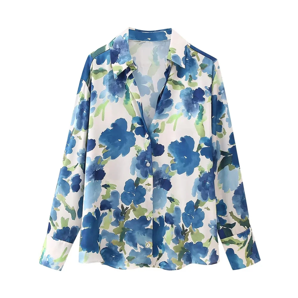 2024ZAR * Spring/Summer New Product Women's Polo Collar Long Sleeve Loose Silk Texture Printed Drop Shirt image