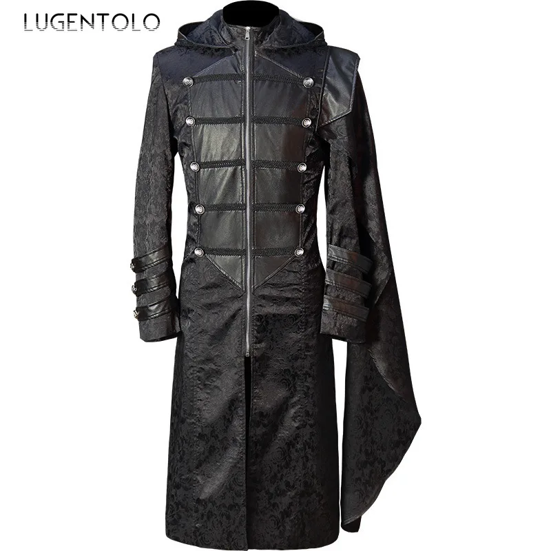 Men Medieval Gothic Long Jacket Punk Military Cloak Cape Coat Hooded Retro Costume Party Zipper Stand Collar Trench Black Cloth