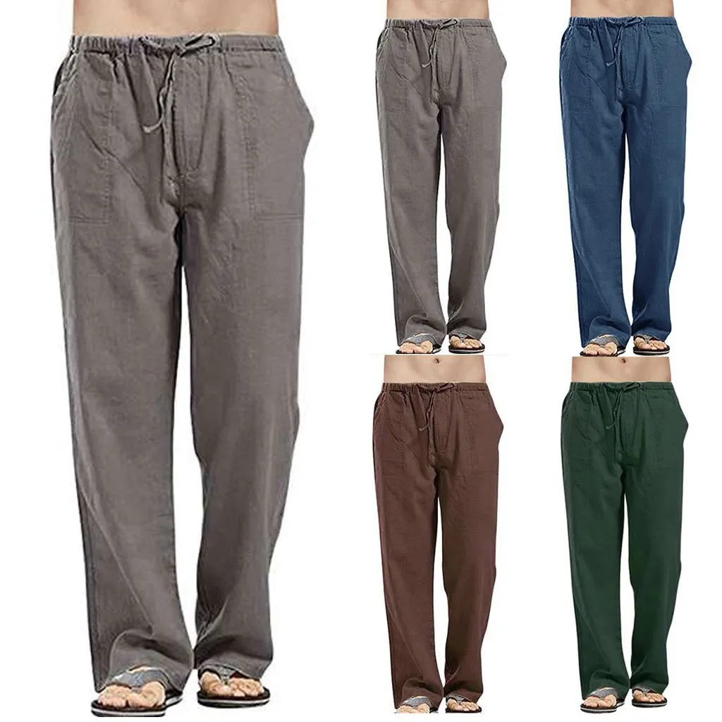 50721-f6a24b.jpg Men Casual Linen Work Pants Summer Spring Solid Green Brown Straight Golf Long Pants - Image 1
