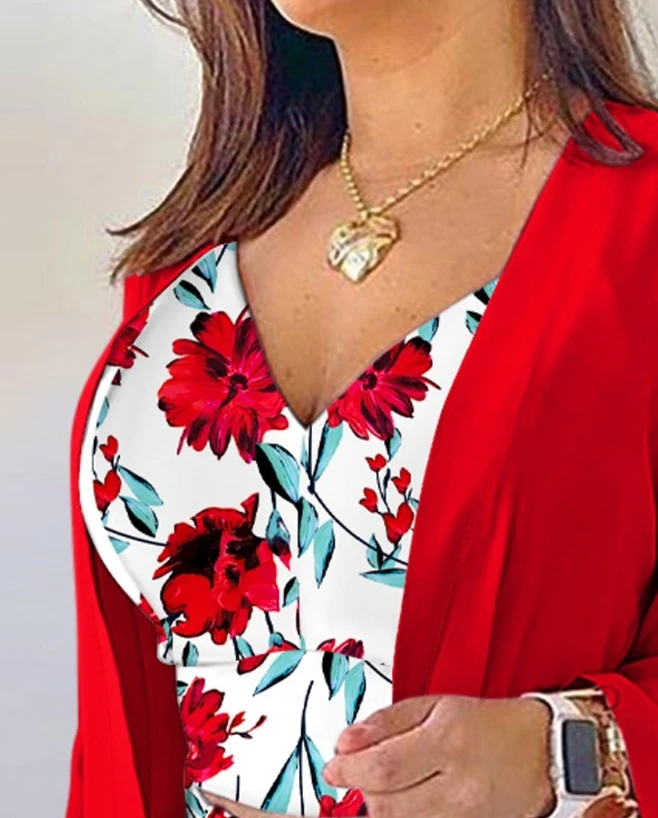 Summer New Printed V-Neck Top and Strap Shorts Set with Coat Fashion Personalized Pattern Shorts Set Solid Color Casual Coat