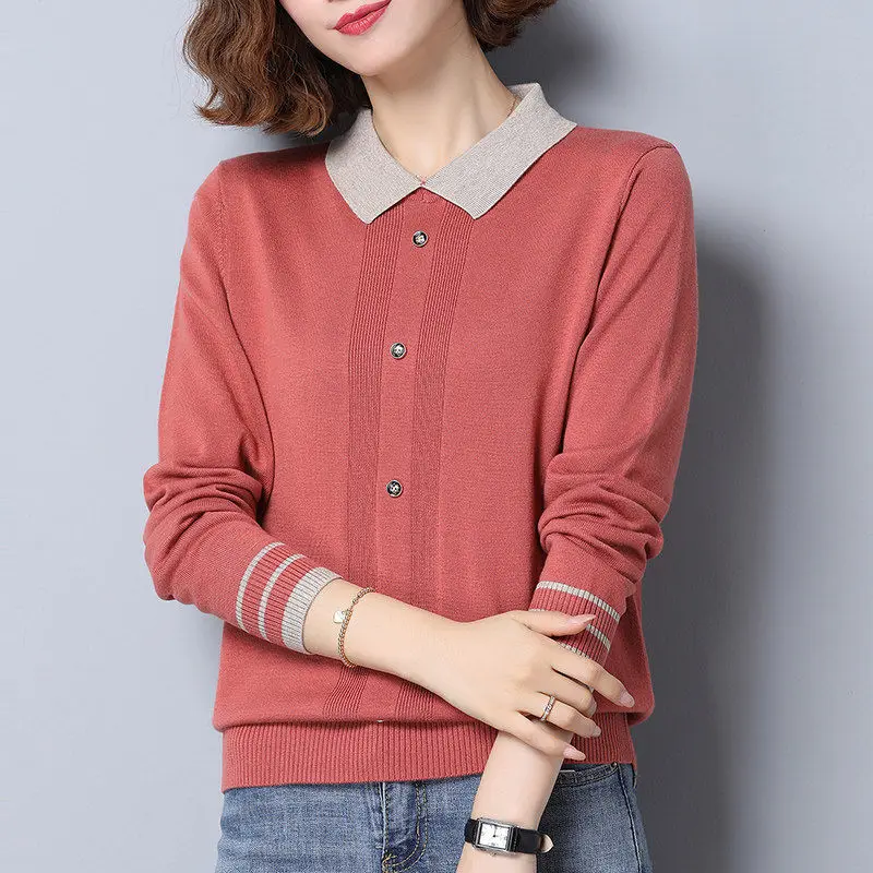 Fashion Lapel Knitted Button Spliced All-match Sweaters Women's Clothing 2022 Autumn New Oversized Casual Pullovers Korean Tops