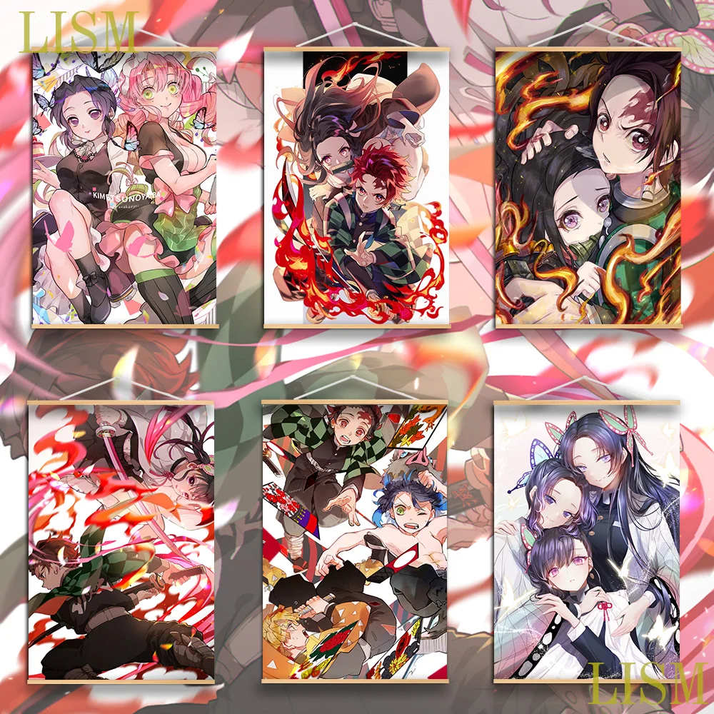 

Kimetsu no Yaiba Demon Slayer Anime manga wall Poster solid wood hanging scroll with canvas painting