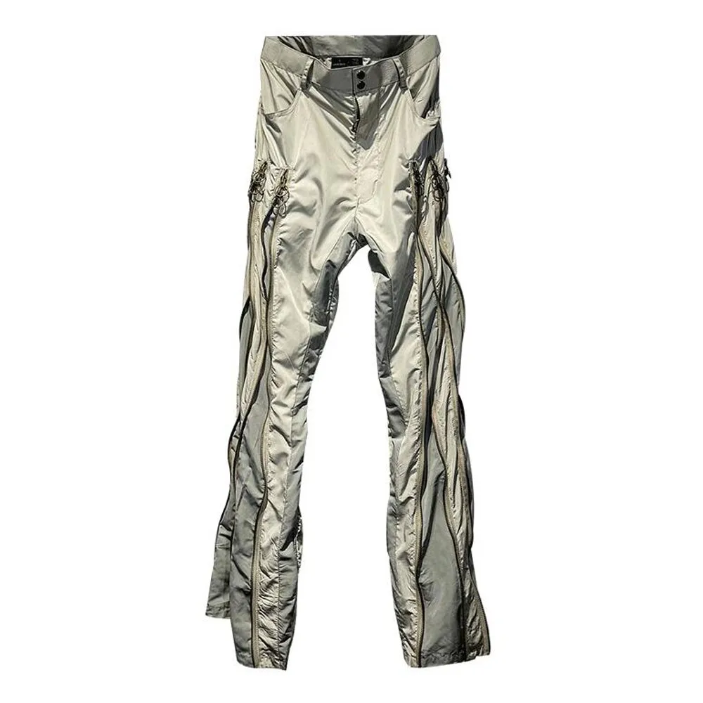 ABOORUN Men Functional Zippers Patchwork Pants Streetwear Archive Flared Trousers for Male