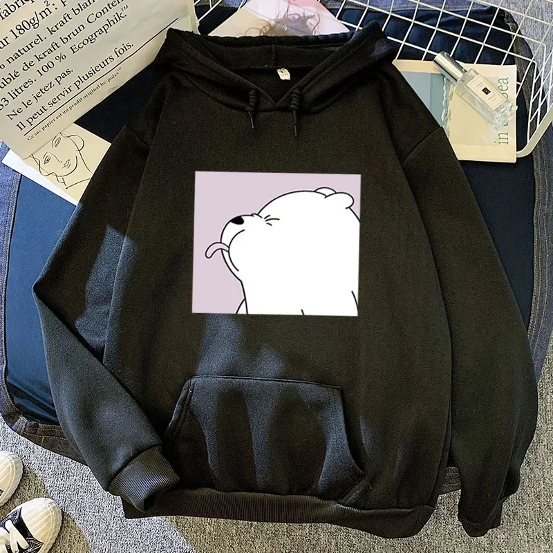 Little White Bear Women Sweatshirts Cartoon Printed Pullovers with Big Pocket Spring Autumn Simple Loose Casual Fleece Hoodies