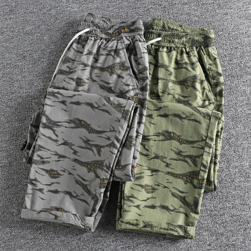 

Summer Thin Cotton Men's Pants Quick-drying Wasehd Camouflage Trousers Elastic Waist Drawstring Retro Cargo Casual Clothing