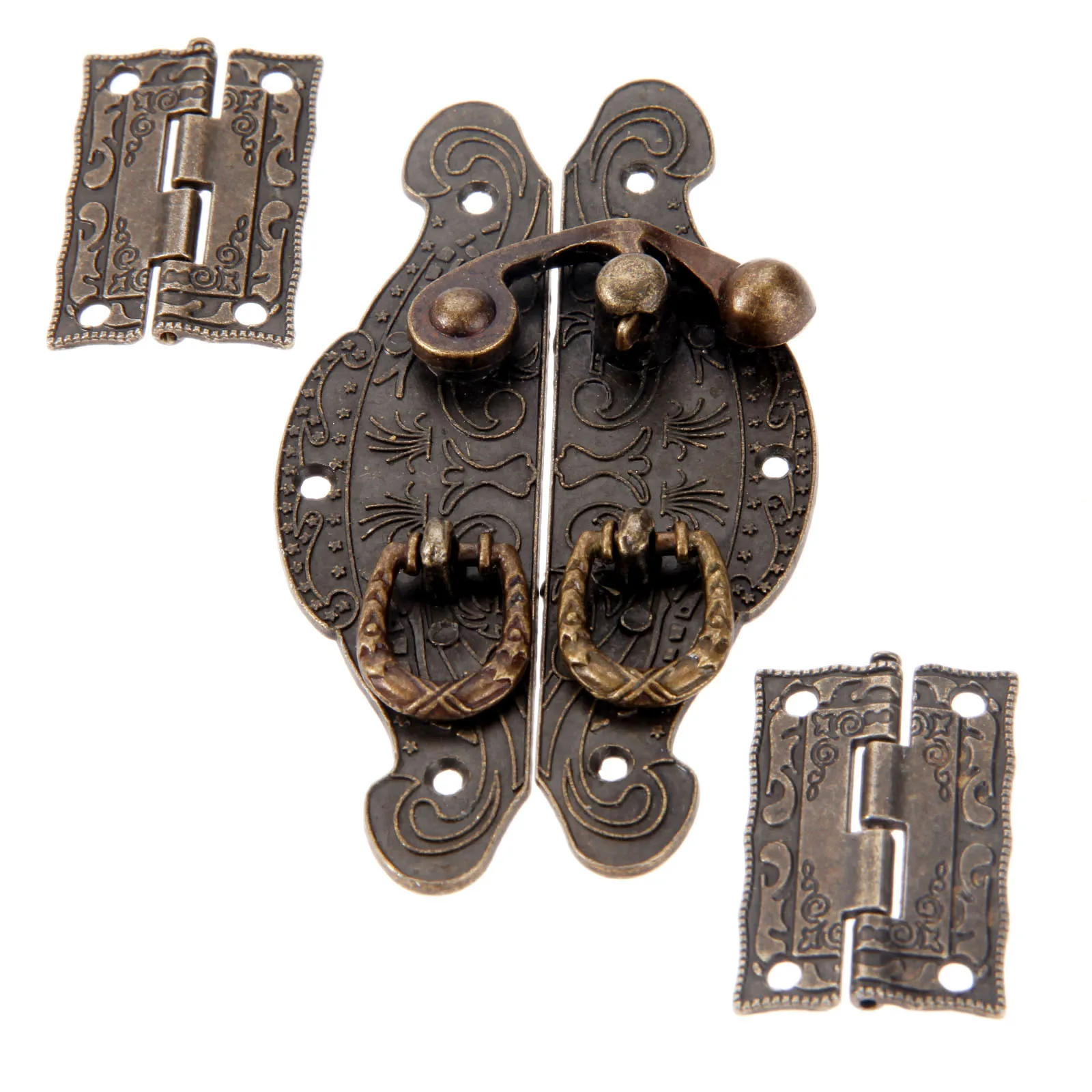 3Pcs/set Furniture Fittings Antique Bronze Cabinet Hinges w/Jewelry Wooden Box Case Toggle Hasp Latch Furniture Vintage Hardware