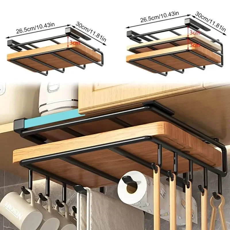 Kitchen Hanging Organizer Rack with Hooks Under Cupboard Paper Towel Rags Hanger Cutting Board Pot Cover Holder Storage Shelf 5