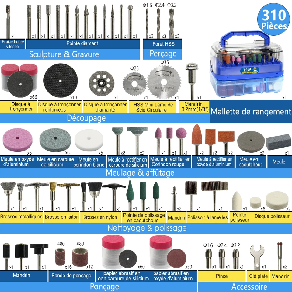 Kit Accessoires Outil Rotatif 242 Pièces – Tige 3,2 Mm – Pour Meulage, Coupe, Polissage – Avec Boîte En Bois