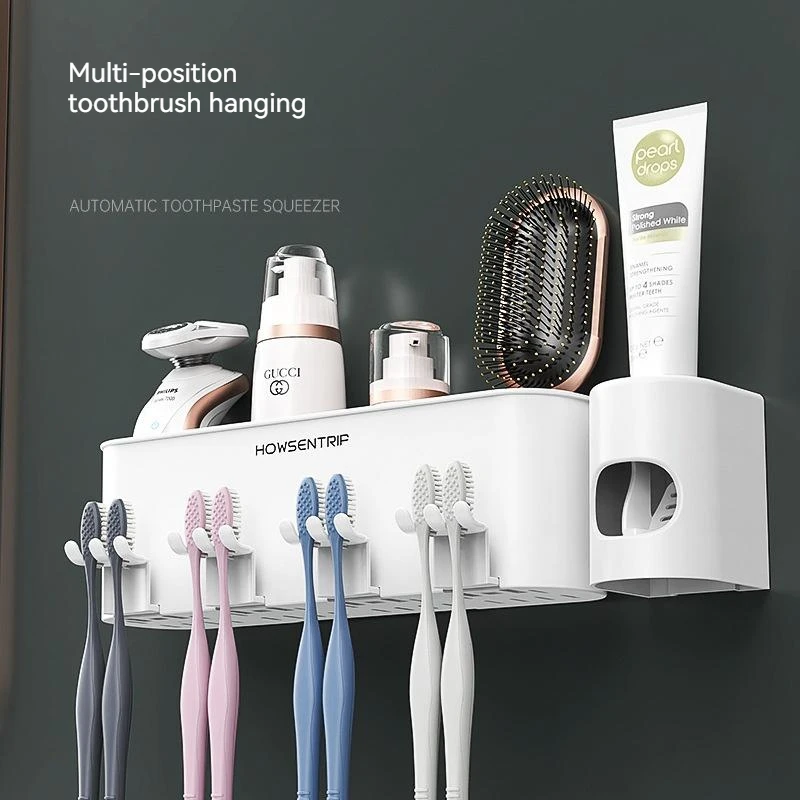 

Toothbrush Holder Auto Squeeze Toothpaste No Punch Cup Storage Wall Mounted Bathroom Comb Razor Cosmetic Organizer Shelf
