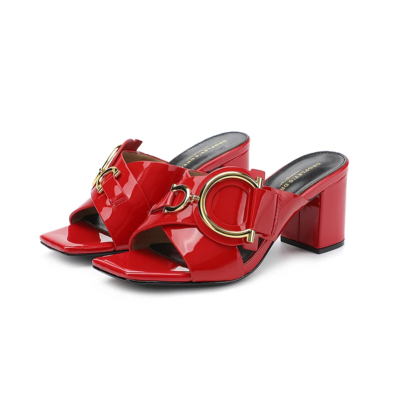 Women's Slippers 2023 High Heel Casual Shoes Women's Open Toe Summer Genuine Leather Square Head Thick Heels Women's Shoes 35-44