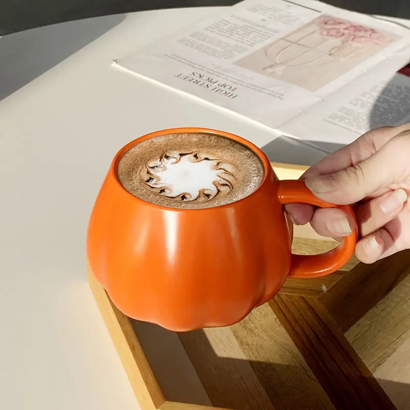 Tazza a forma di zucca, in ceramica con coperchio, tazza da caffè autunnale con decorazione autunnale, tazza da caffè di Halloween per cappuccino, latte, cereali, yogurt