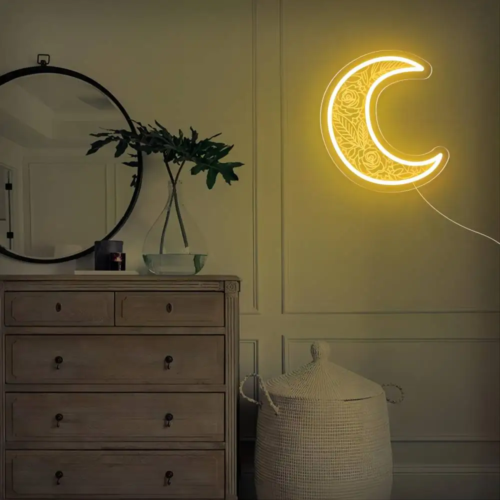

12 Colors Flowers In Moon Neon Sign Carve Personality Led Lights For Christmas Lights Decoration Bedroom Decor Support Custom