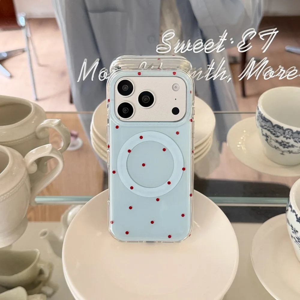 Light Blue & Red Polka Dot Magnetic Phone Case with 3D Dachshund Pop Socket & Shockproof Cover