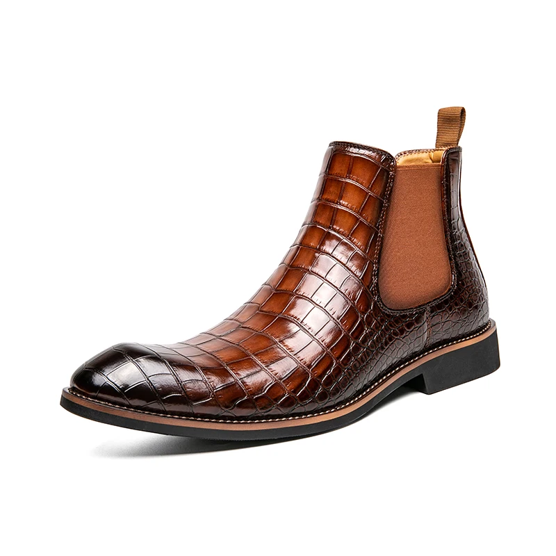 Brown Chelsea  Cowboy Boots Boots Square Toe Slip-On Business Stone Grain Men Ankle Boots Free Shipping Size 38-45