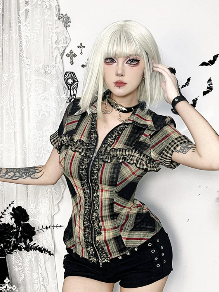AltGoth Vintage Y2k Gothic Plaid Shirt Women Streetwear Harajuku