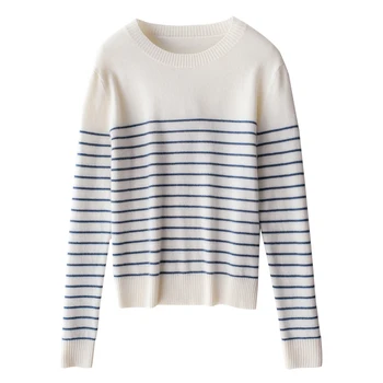 بلوفرات نسائية موضة 2025 سترة مخططة بلونين لخريف وشتاء جديد بأكمام طويلة من الكشمير ملابس علوية غير رسمية متعددة الاستخدامات طبقة أساسية 5