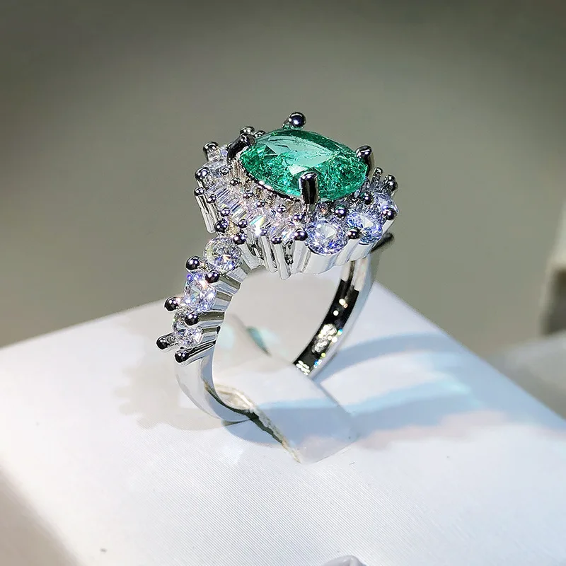 Luxurious Floral Paraiba Oval Sapphire Full Diamond Couple Ring For Women Geometric Silver Plated Zirconia Engagement Jewelry
