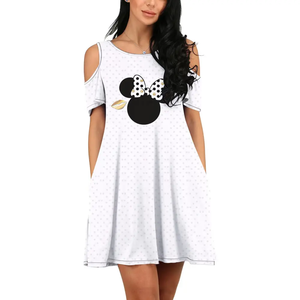 New Summer Disney Brand Cute Mickey Minnie Anime Ladies Casual Round Neck 3D Print Beach Club Sexy Off Shoulder Dress Y2K