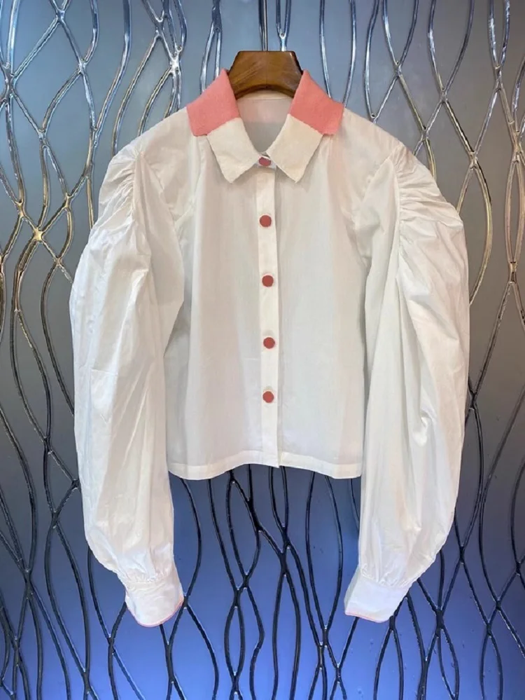 

High Quality Cotton Shirts 2023 Autumn Style Ladies Turn-down Collar Color Block Button Long Sleeve Casual White Vintage Shirts