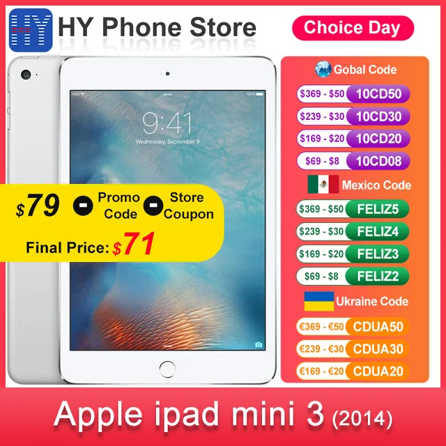 Apple ipad mini 3th Gen 2014 Model Tablet PC A7 chip 7.9 inch Screen 5MP+1.2MP Camera Touch ID Wifi Version