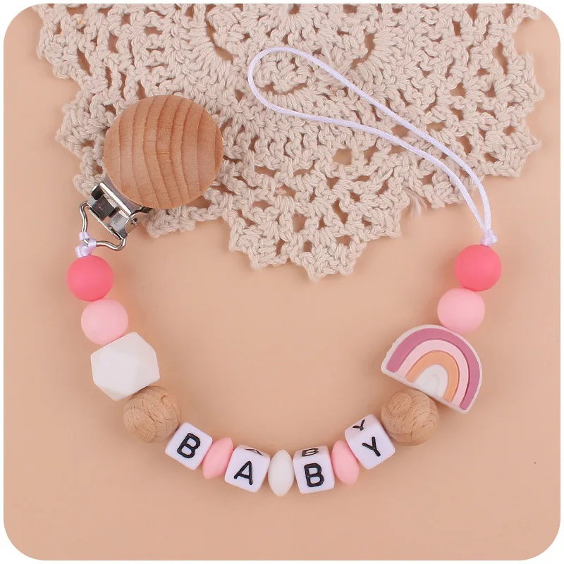 

1Pcs Beech Pacifier Clip Personalized Name Rainbow Silicone Beads Pacifier Chain Baby Dummy Holder Chew Toys