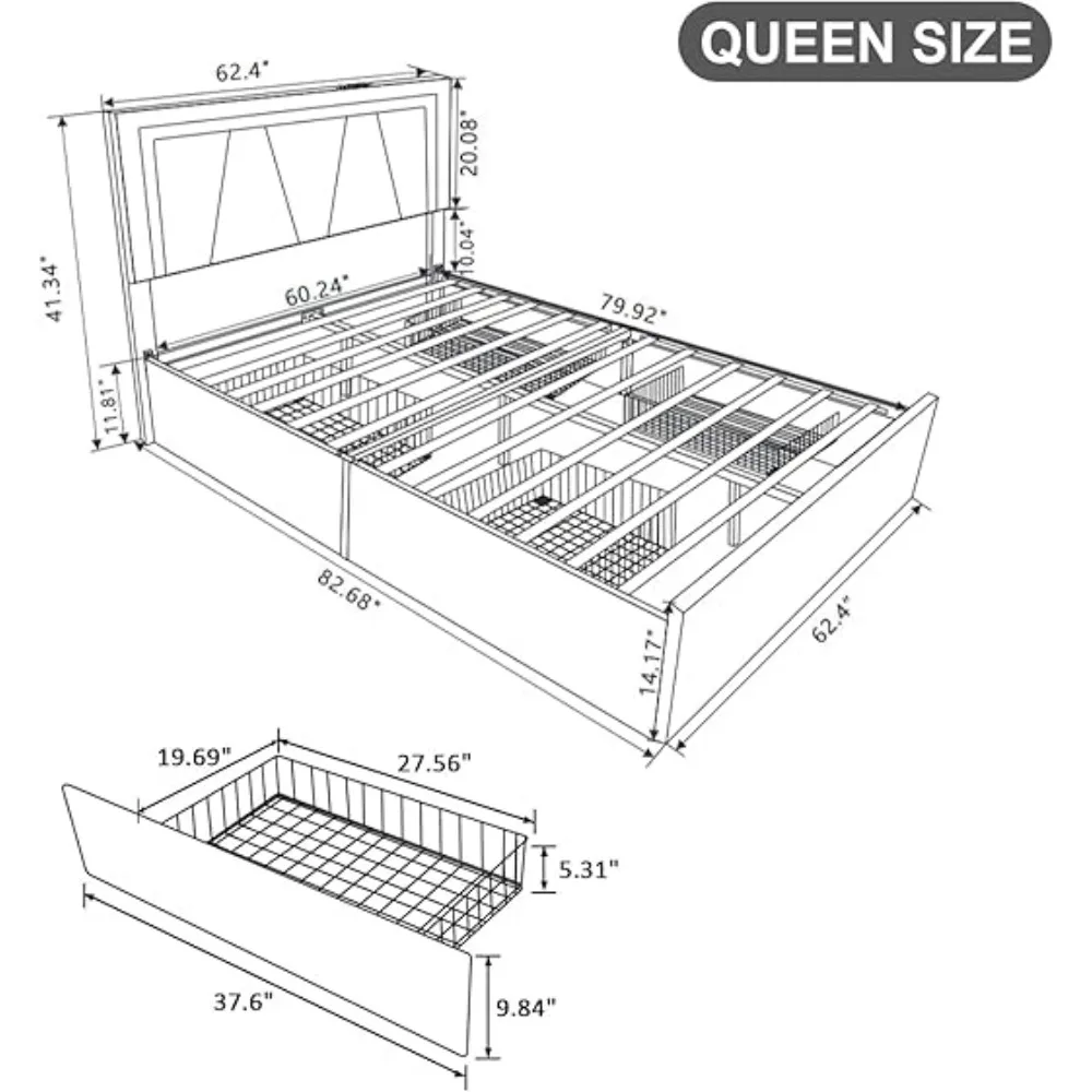 Bed Frame LED Lights 4 Stoarge Drawers Adjustable Headboard Upholstered Platform Bed Type-C&USB Ports