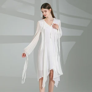 Платье женское Двухслойное из натурального шелка, с V-образным вырезом и длинными рукавами-фонариками